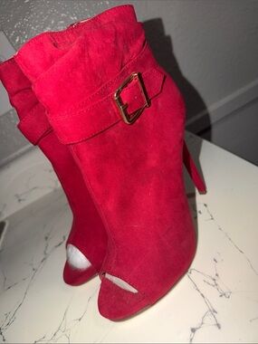 Shoe Dazzle Red Suede Peep-Toe Stiletto Booties with Gold Buckle Accent